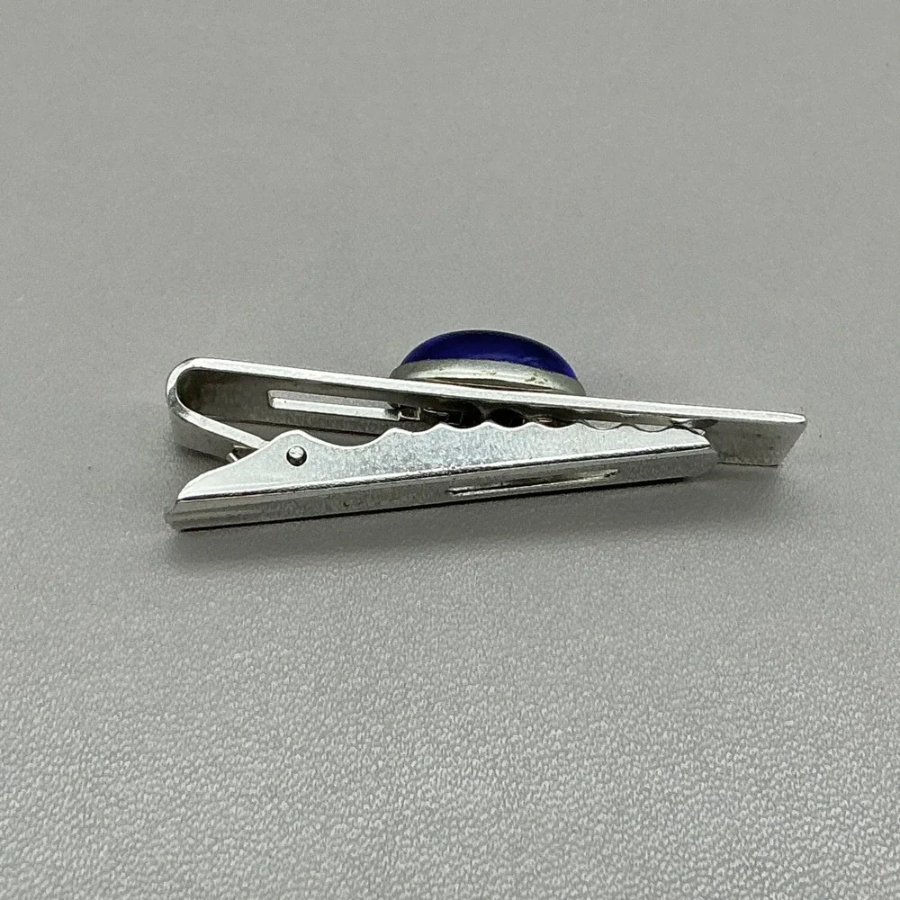 Anson Blue Glass Cabochon Tie Clip Silver Tone Vintage Men's Necktie Bar